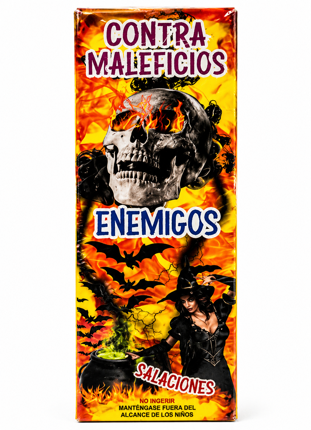Product packaging with a skull, witch, and flames on an orange background
