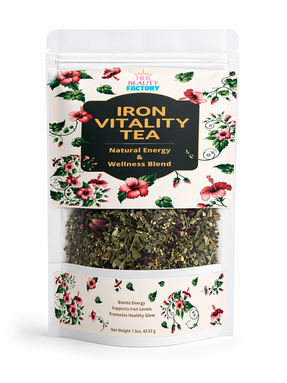 Packaged Iron Vitality Tea from The Beauty Factory with floral design on a white background