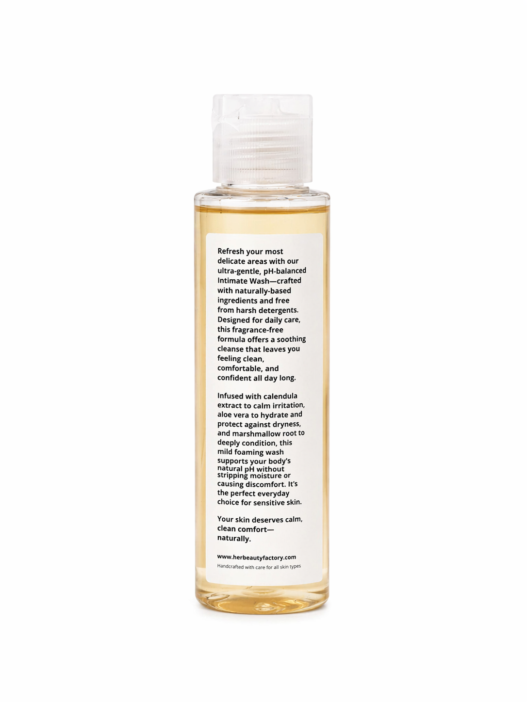 Bottle of intimate wash with label on a white background