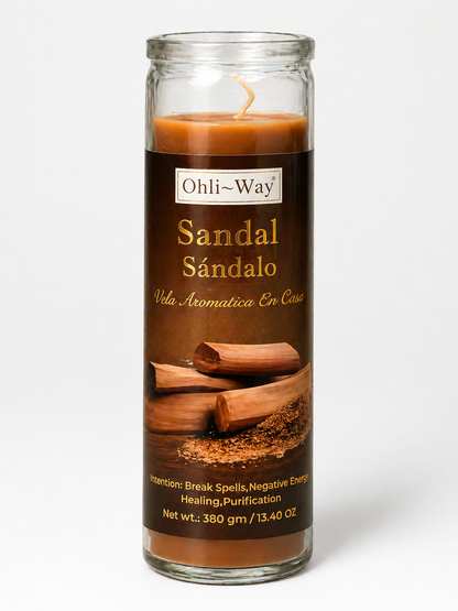 Sandalwood candle in a glass container with branding and text on a white background