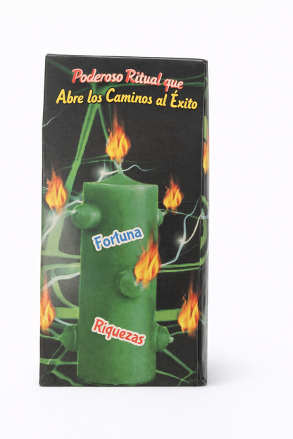 Green container labeled 'Fortuna Riquezas' with flames on a black background