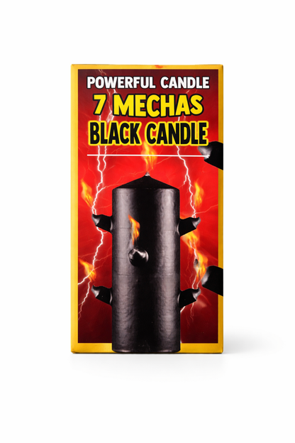 Black candle with '7 Mechas' text on a red and yellow background