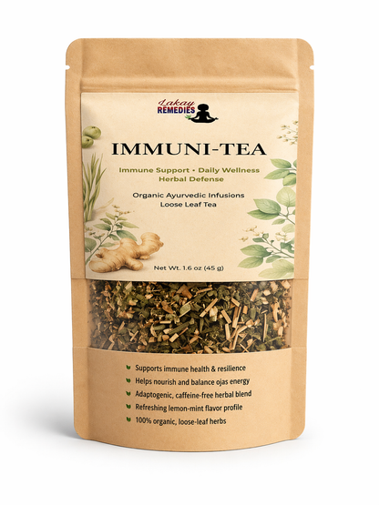 Package of Immuni-Tea with herbal ingredients on a white background