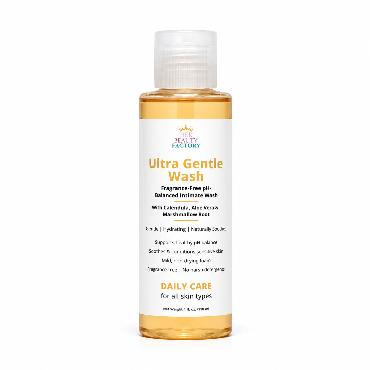 A bottle of Her  Beauty Factory Ultra Gentle Wash, a fragrance-free pH-balanced intimate wash, shown on a clean white background. The bottle contains a golden-amber liquid and features a white label with orange and black text.