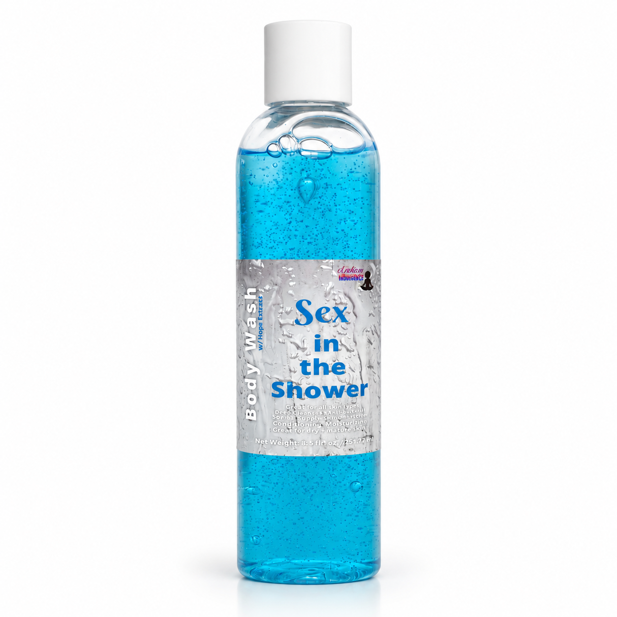 A clear plastic bottle of blue body wash with a white cap and a silver label reading 'Sex in the Shower' on a white background.