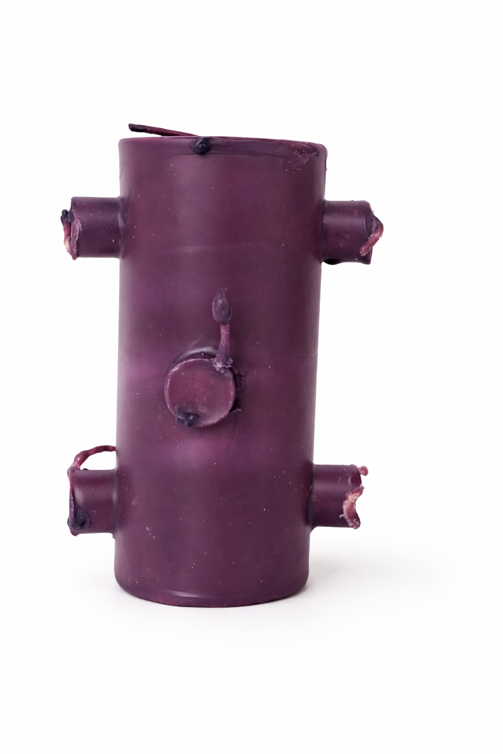 Purple cylindrical object with multiple attachments on a white background
