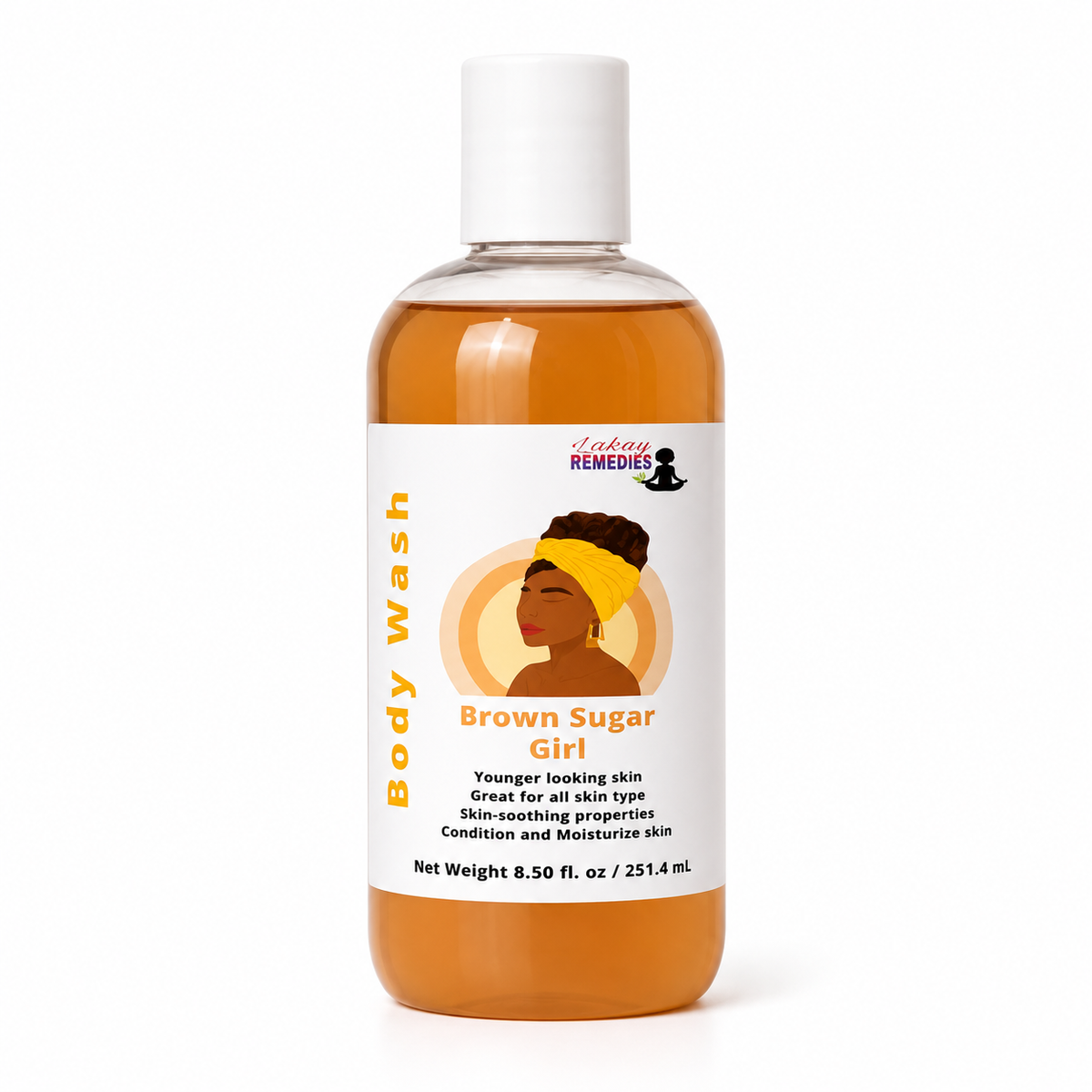 A bottle of Lakay Remedies Brown Sugar Girl body wash, filled with amber-colored liquid and featuring a white cap and label with an illustration of a woman.
