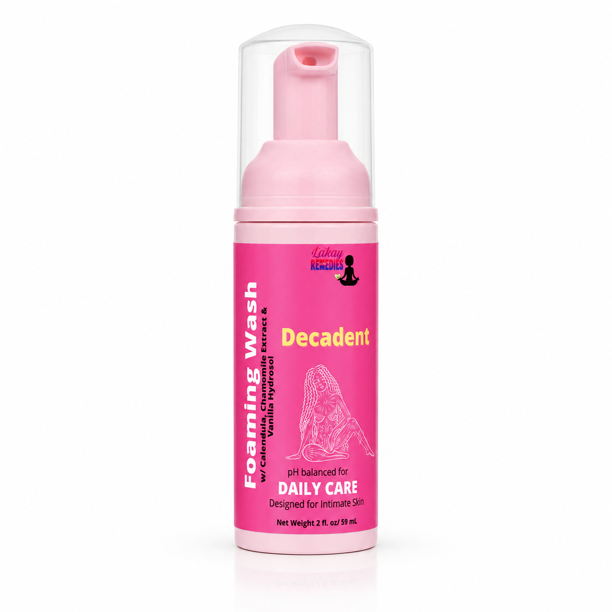 A pink bottle of Decadent Intimate Foaming Wash with a clear cap, shown on a white background.