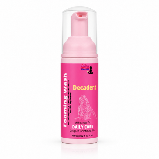 A pink bottle of Decadent Intimate Foaming Wash with a clear cap, shown on a white background.