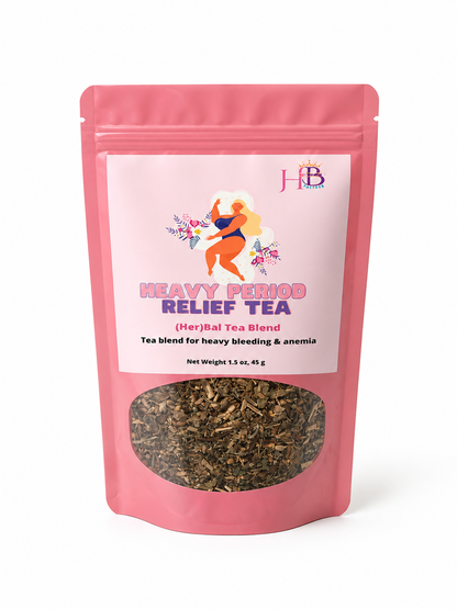 Pink package of Heavy Period Relief Tea with visible tea leaves on a white background
