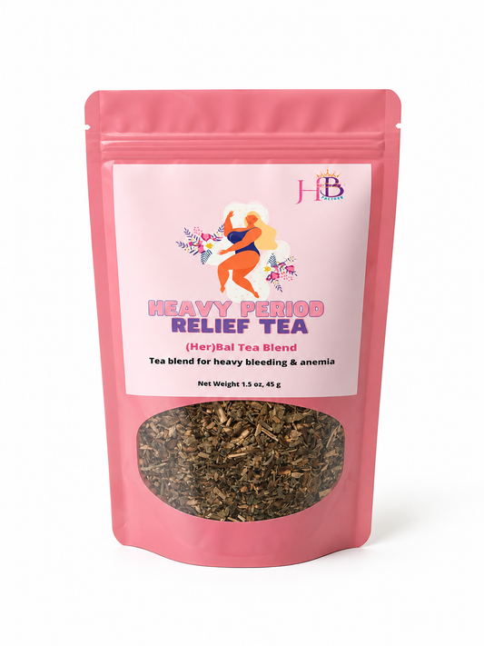 Pink package of Heavy Period Relief Tea with visible tea leaves on a white background
