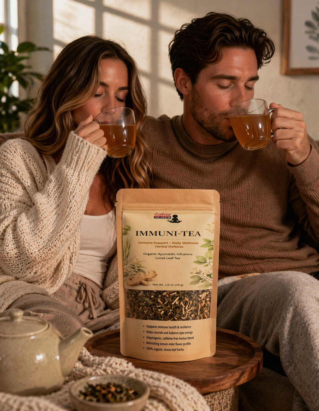 Man and woman drinking from cups with a package of Immuni-Tea between them.