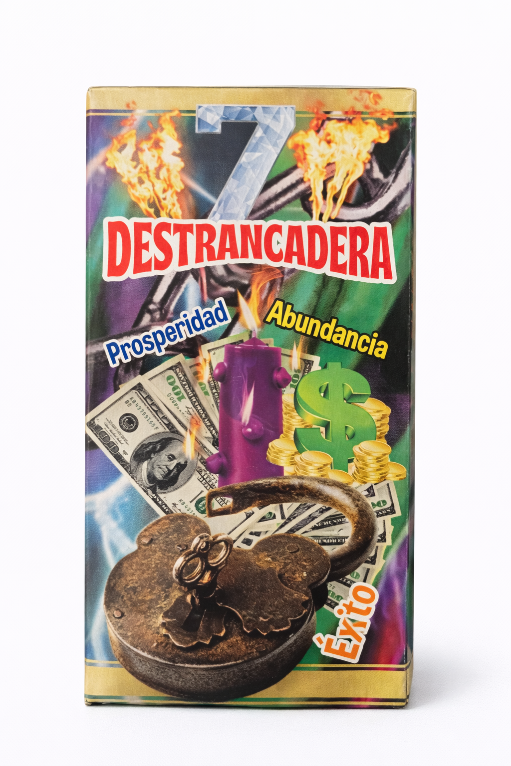 Product packaging with 'Destrancadera' text and images of money, a lock, and other symbols on a colorful background.