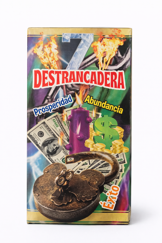 Product packaging with 'Destrancadera' text and images of money, a lock, and other symbols on a colorful background.