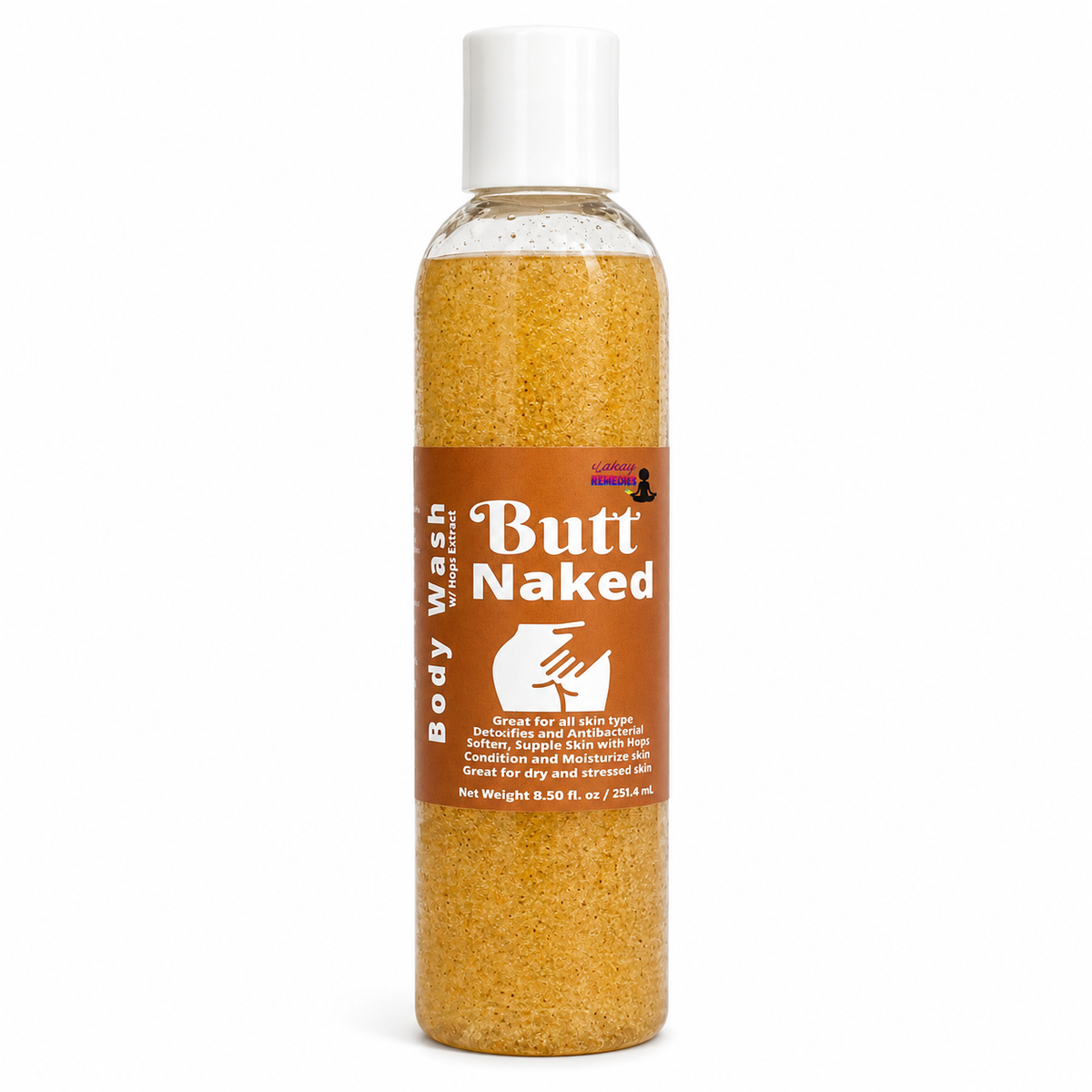 A clear plastic bottle of Butt Naked body wash filled with coarse yellow-beige granules, featuring a white cap and a brown label with white text.