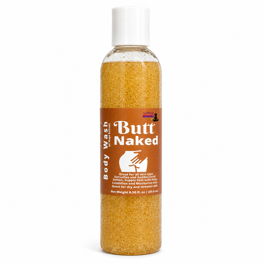 A clear plastic bottle of Butt Naked body wash filled with coarse yellow-beige granules, featuring a white cap and a brown label with white text.