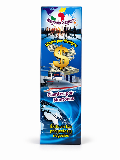 Promotional banner with dollar sign, money, and business elements on a blue background
