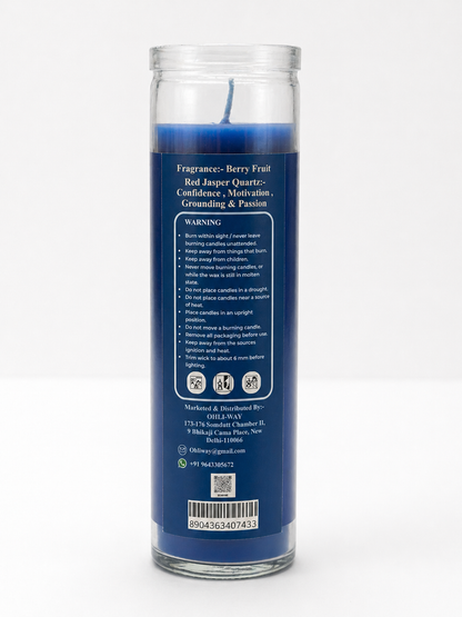 Blue candle with label on a white background