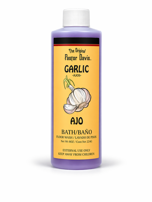 Bottle of Pastor Davis Garlic Bath Wash on a white background