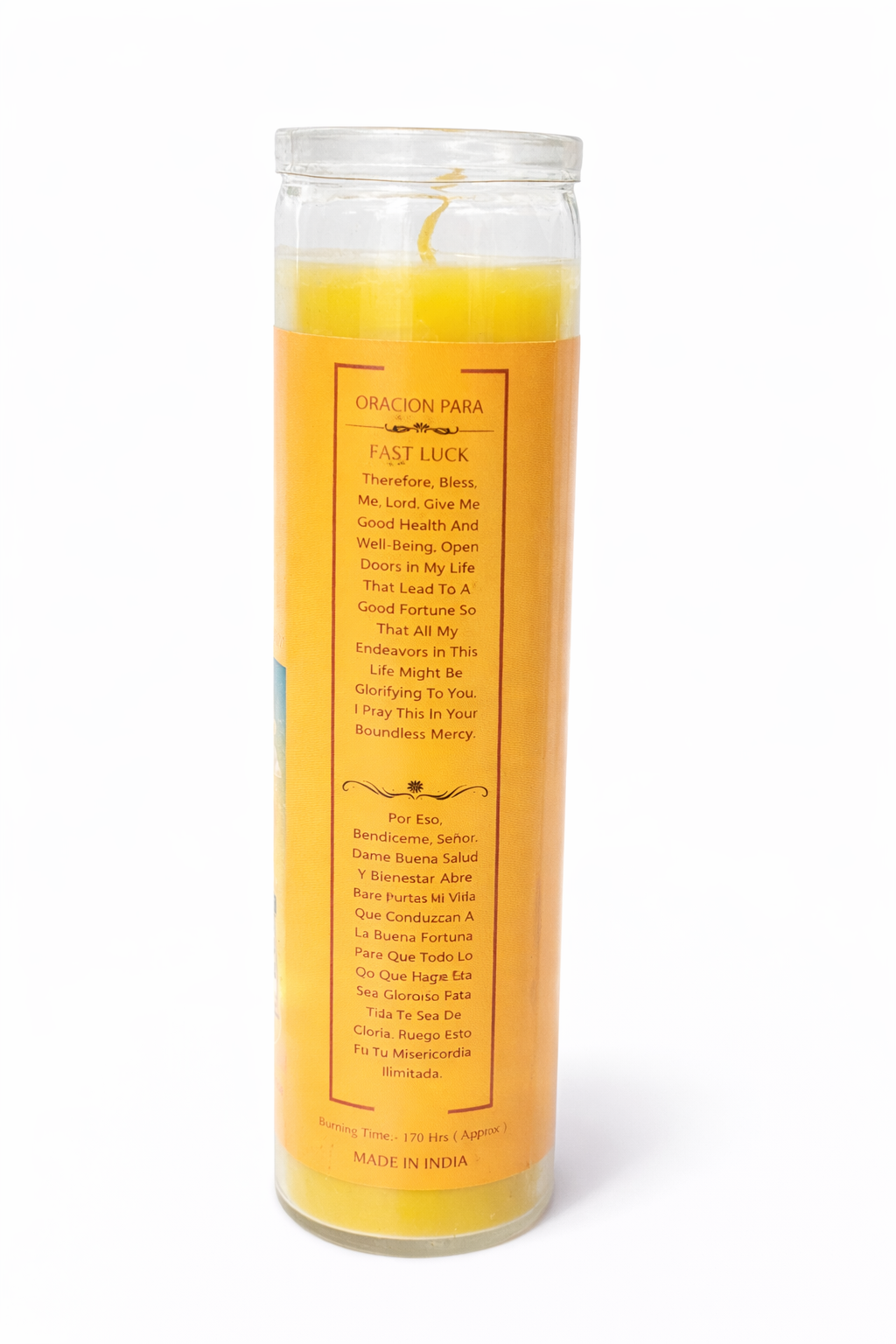Orange prayer candle with text on a white background