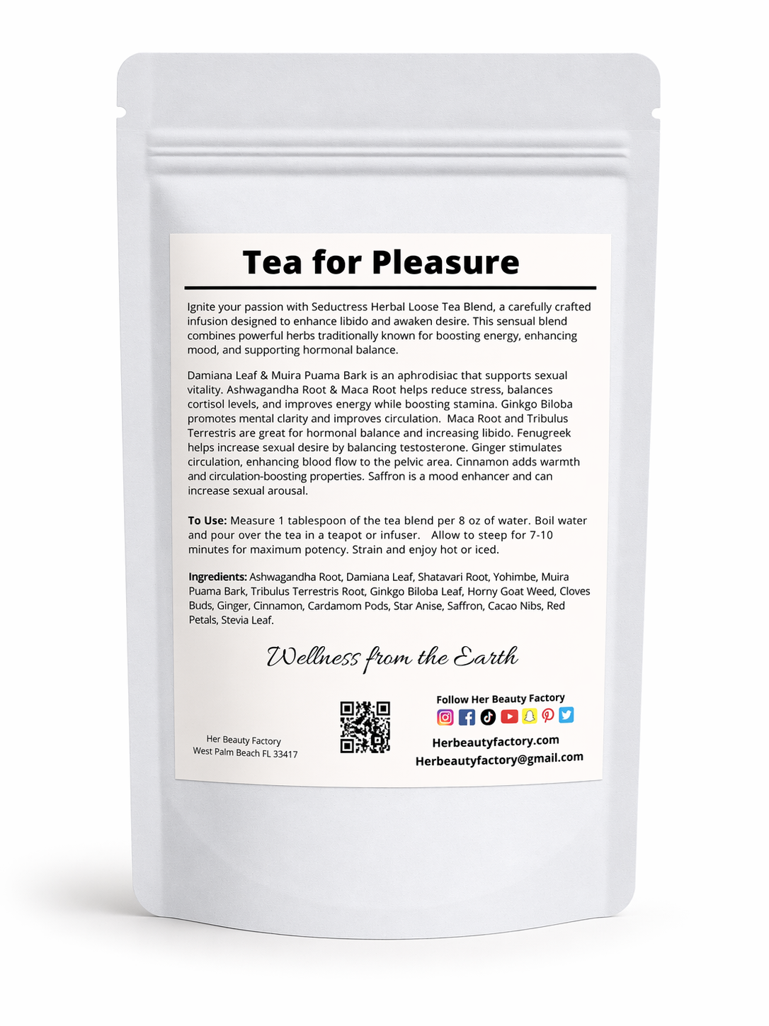 Tea package labeled 'Tea for Pleasure' with text and branding on a white background