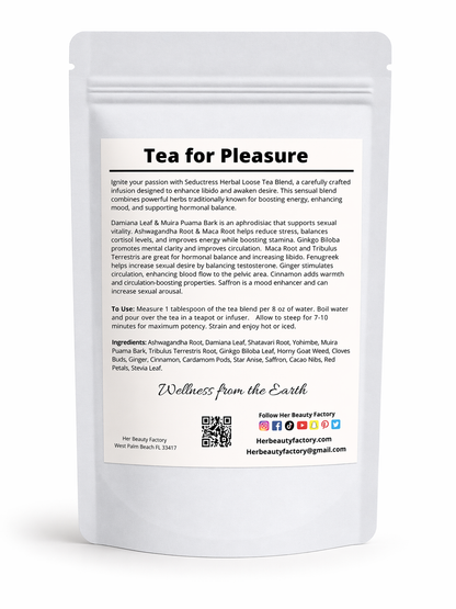 Tea package labeled 'Tea for Pleasure' with text and branding on a white background