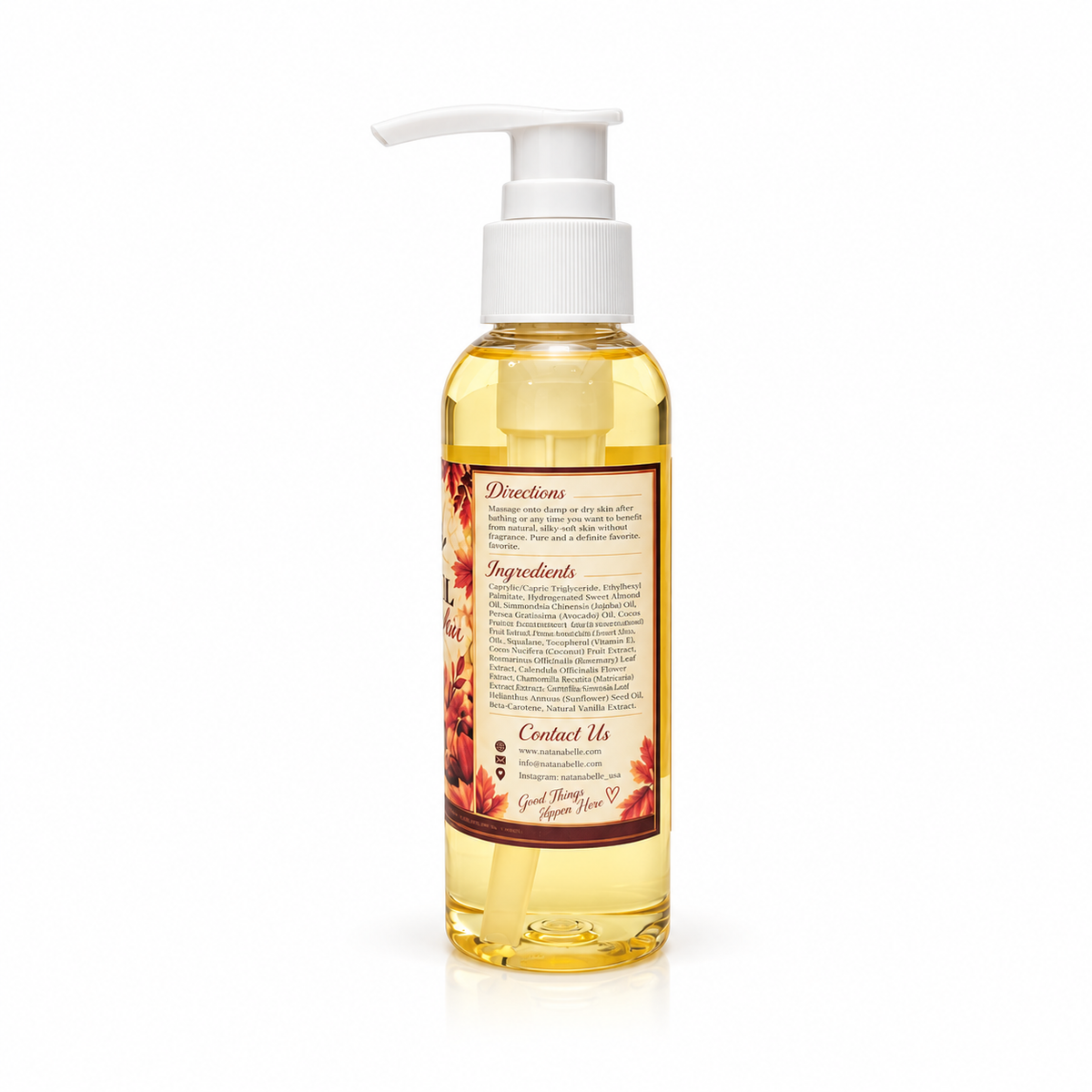 A clear plastic pump bottle filled with golden yellow oil, featuring a white pump dispenser and a decorative label with red and brown botanical illustrations. The brand name 'Goddanger Skin Co.