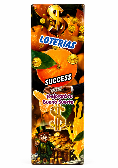 Loterias Success packaging with oranges, gold coins, and a leprechaun figure on a white background