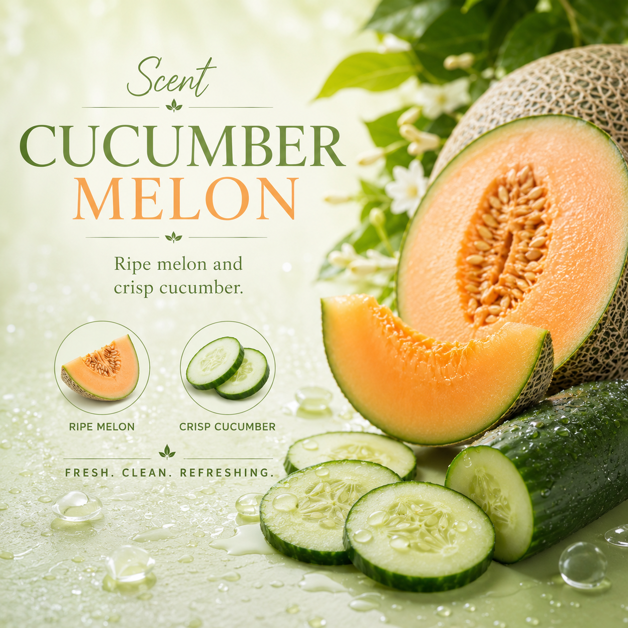 Scent Cucumber Melon promotional graphic showing ripe cantaloupe melon halves, sliced melon pieces, cucumber slices, and fresh cucumbers on a glossy light green surface with text reading 'Scent CUCUMBER MELON' and small ingredient callouts.