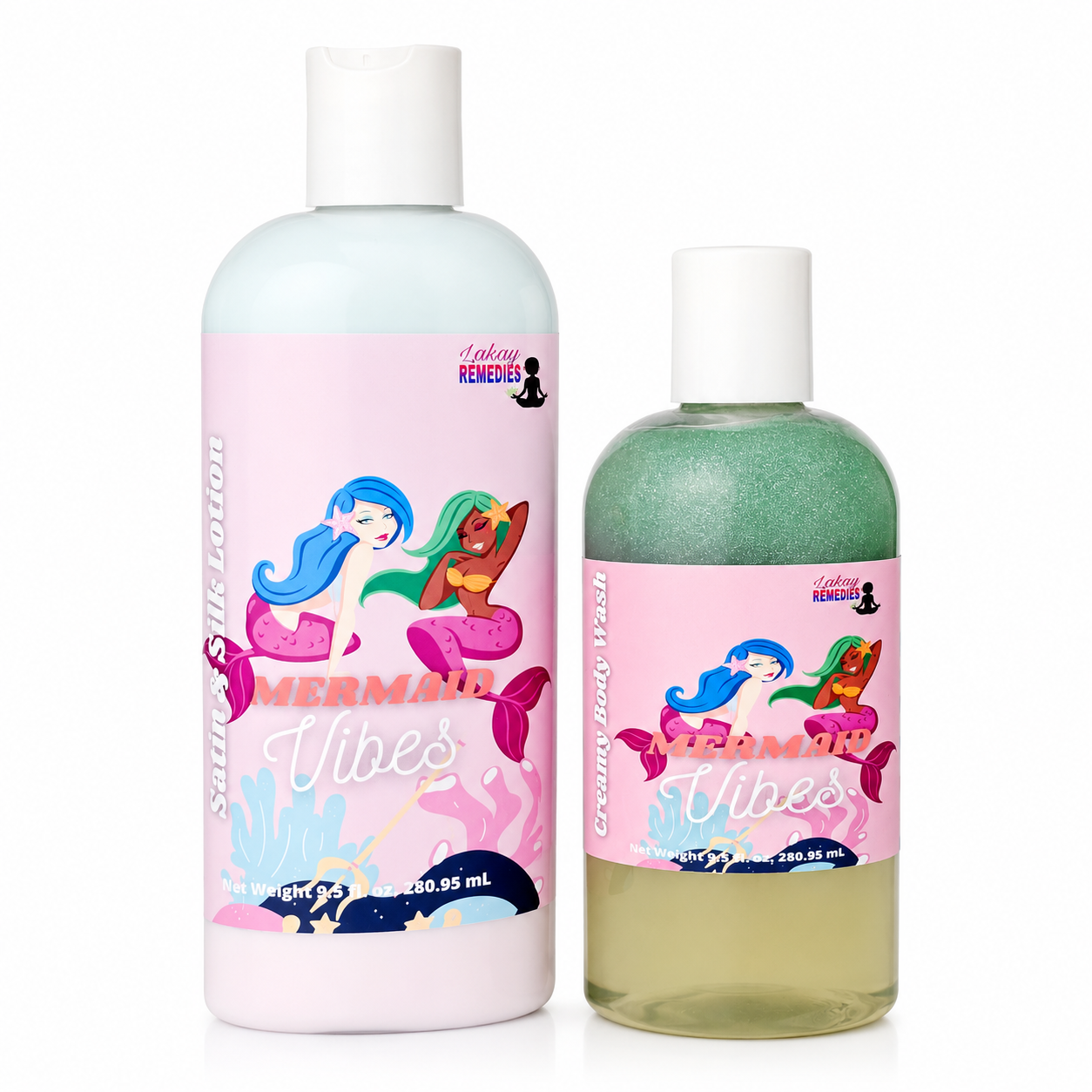 Two cosmetic bottles with white caps on a white background. The larger bottle is a pale minty pink body wash labeled 'Mermaid Vibes' by Lakay Remedies, and the smaller bottle is a translucent greenish-yellow body wash with a matching pink label.