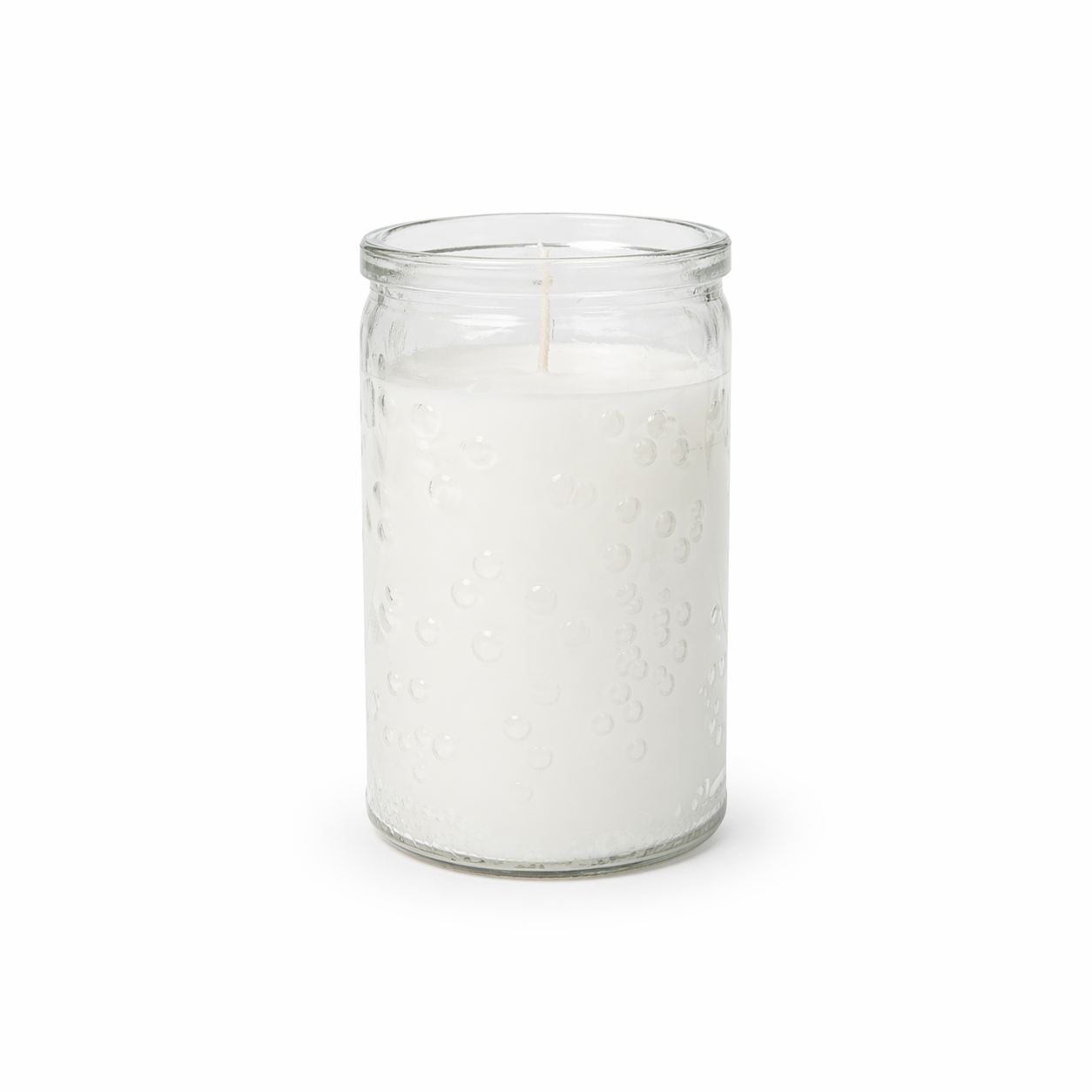 Clear glass jar with a white candle inside on a white background