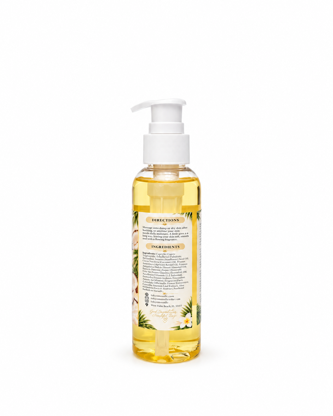 A clear pump bottle filled with golden yellow oil, standing upright on a plain white background. The bottle has a white pump dispenser and a cream-colored label with botanical illustrations.