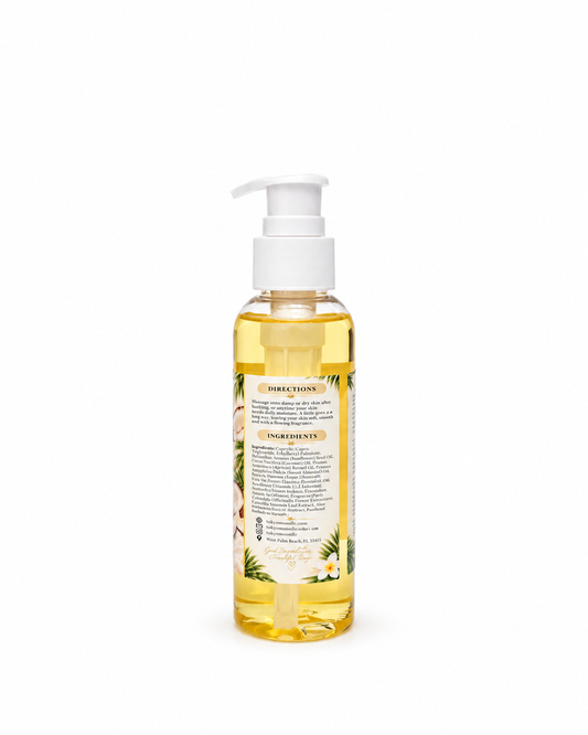 A clear pump bottle filled with golden yellow oil, standing upright on a plain white background. The bottle has a white pump dispenser and a cream-colored label with botanical illustrations.