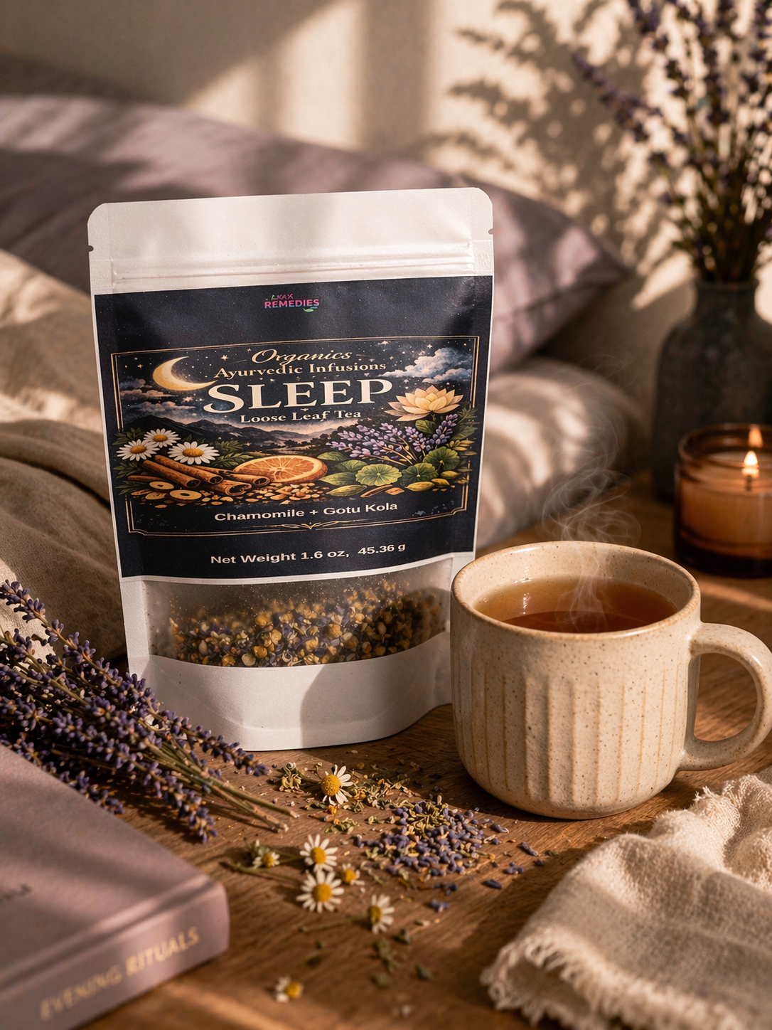 Sleep tea packaging with a steaming mug on a wooden surface with lavender and flowers.