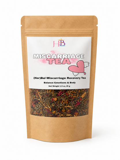Package of 'Her'Beauty Factory Miscarriage Recovery Tea with visible contents on a white background