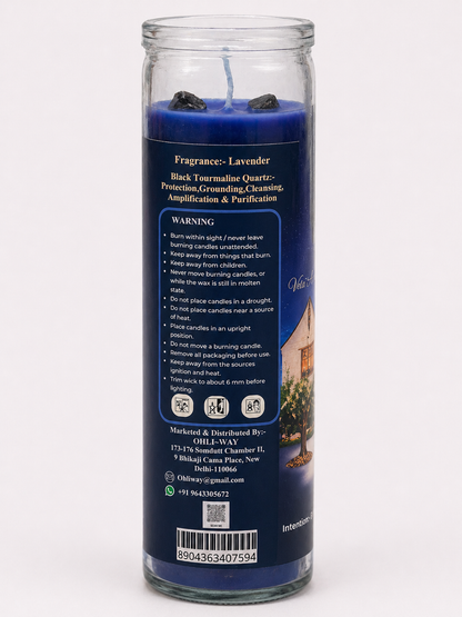 Blue candle with label on a white background