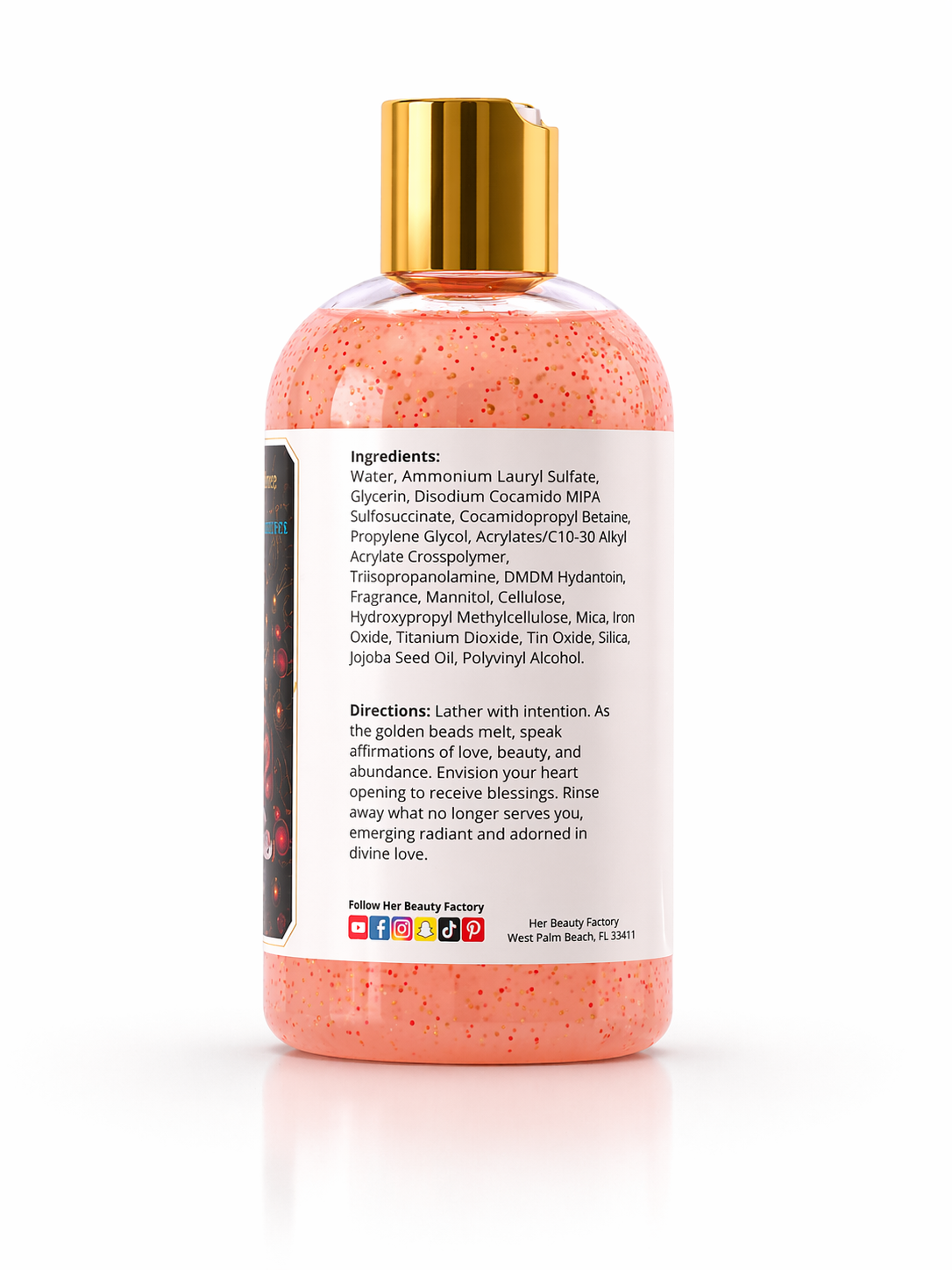Pink body wash with gold cap on a white background