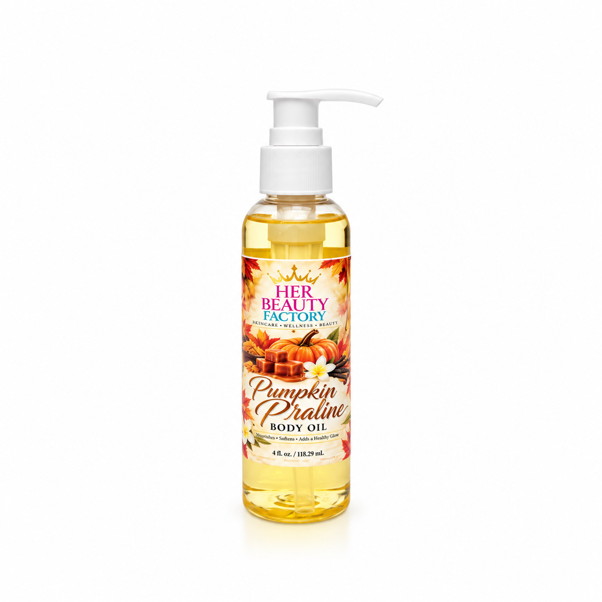 A bottle of Her Beauty Factory Pumpkin Praline Body Oil with a white pump dispenser, containing golden yellow oil, set against a plain white background.