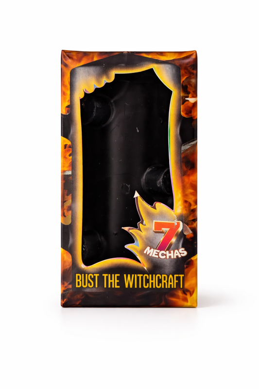 Product packaging with fiery design and '7 Mechas' branding on a white background