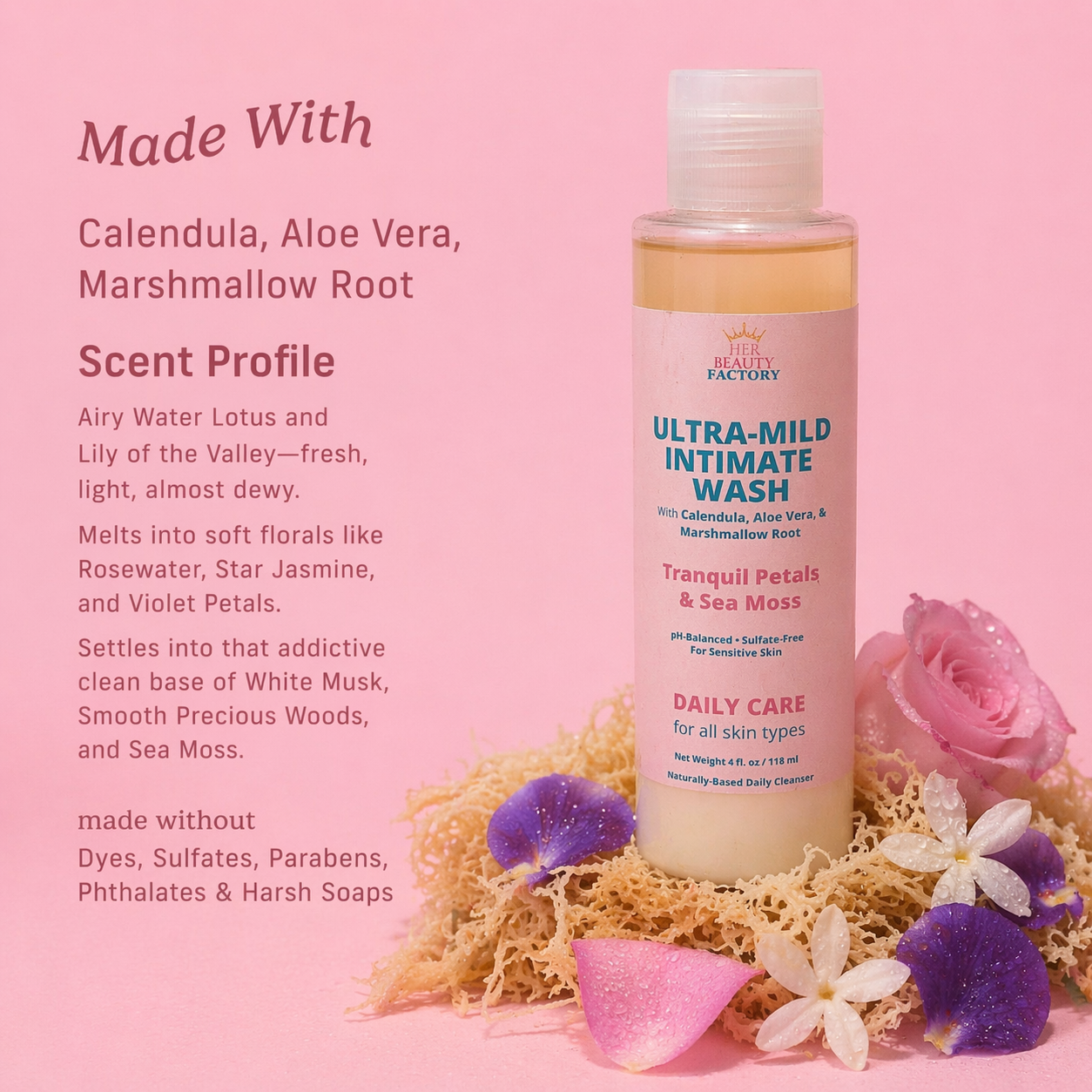 Bottle of Ultra-Mild Intimate Wash with ingredients and scent profile on a pink background