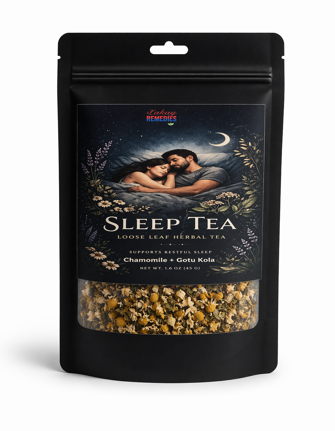 Sleep tea packaging with a couple embracing under a moonlit sky on a white background