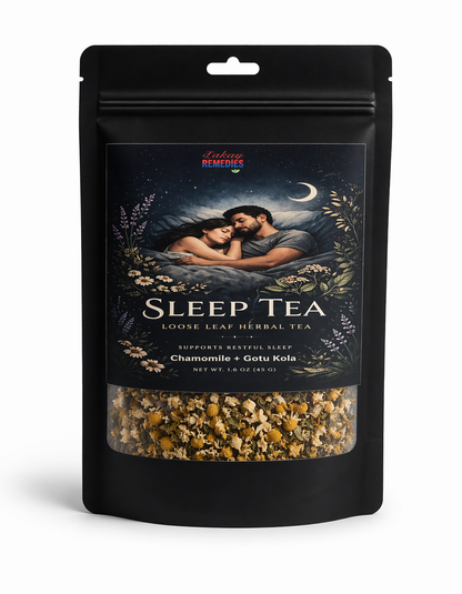 Sleep tea packaging with a couple embracing under a moonlit sky on a white background