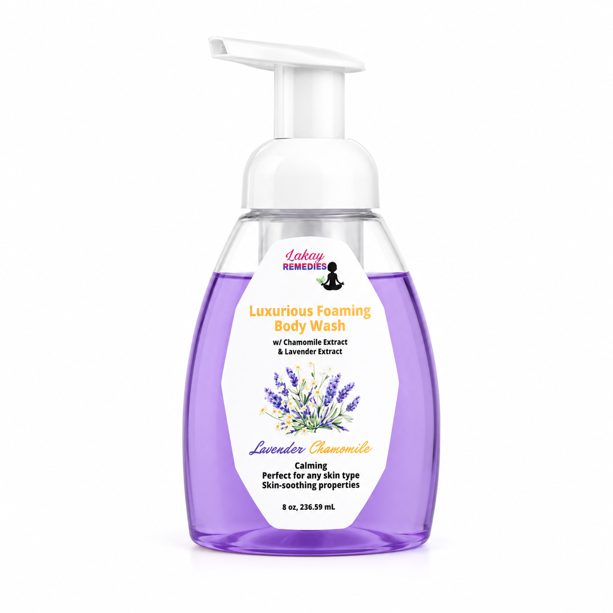 A bottle of Sakai Remedies Lavender Chamomile Luxurious Foaming Body Wash, featuring a purple liquid inside a clear bottle with a white pump dispenser and a white label.
