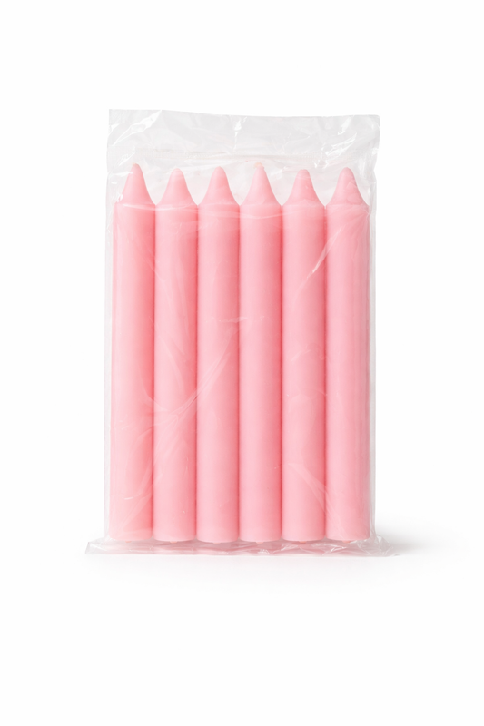 Pack of pink candles in clear packaging on a white background