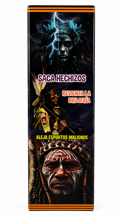 Product packaging with Native American-themed design and text in Spanish.