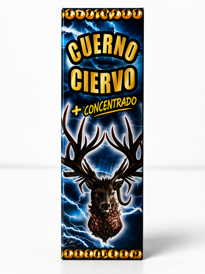 Product packaging with a deer head and 'Cuerno Ciervo' text on a blue background