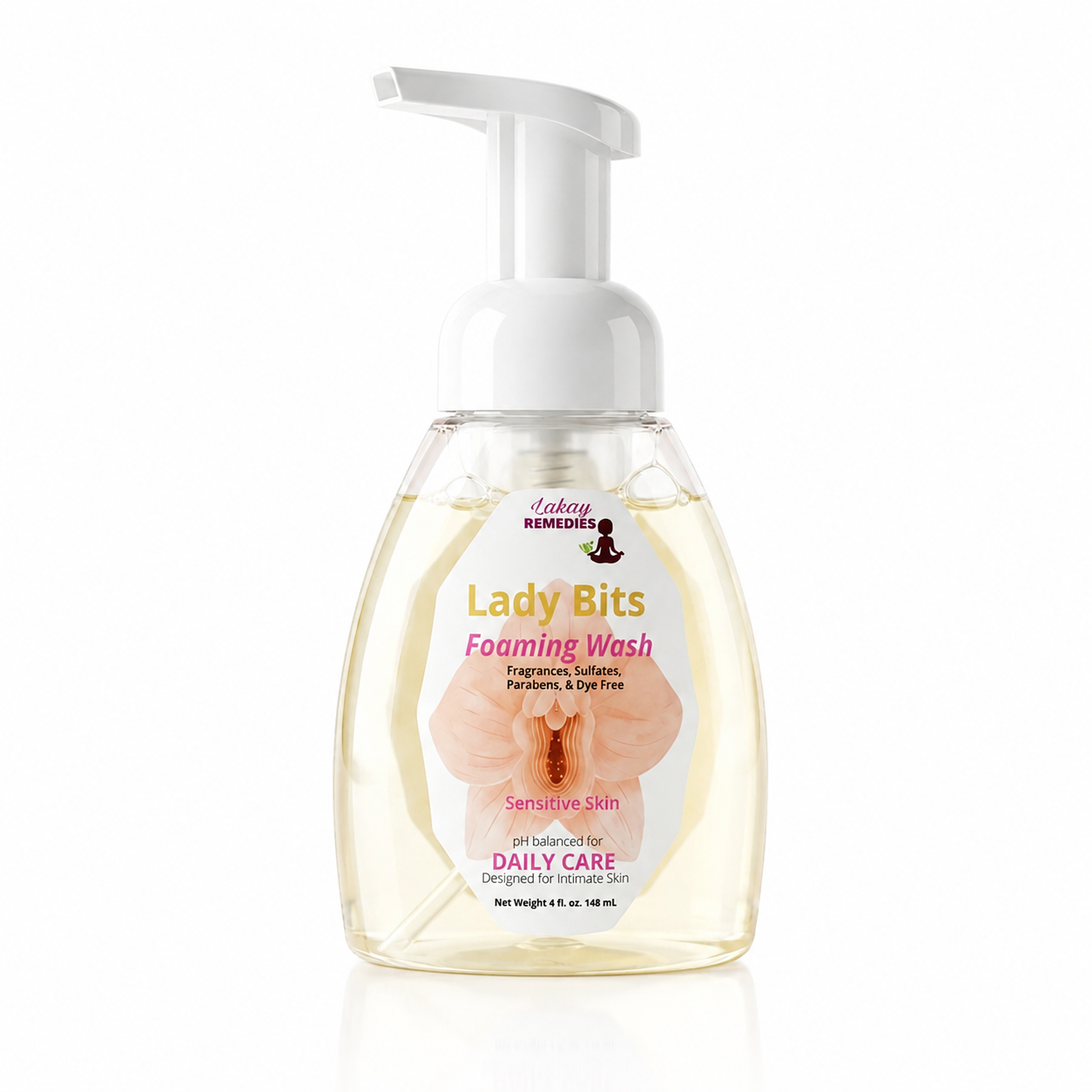 Lady Bits Foaming Wash by Lady Remedies in a clear plastic bottle with a white pump dispenser, showing a pale yellow liquid inside and a peach-colored orchid graphic on the label.