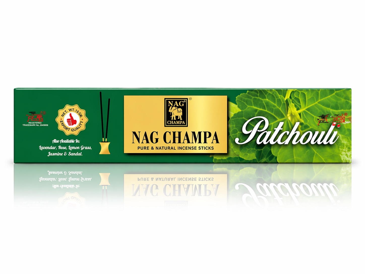 Box of Nag Champa Patchouli incense sticks with green and gold design.