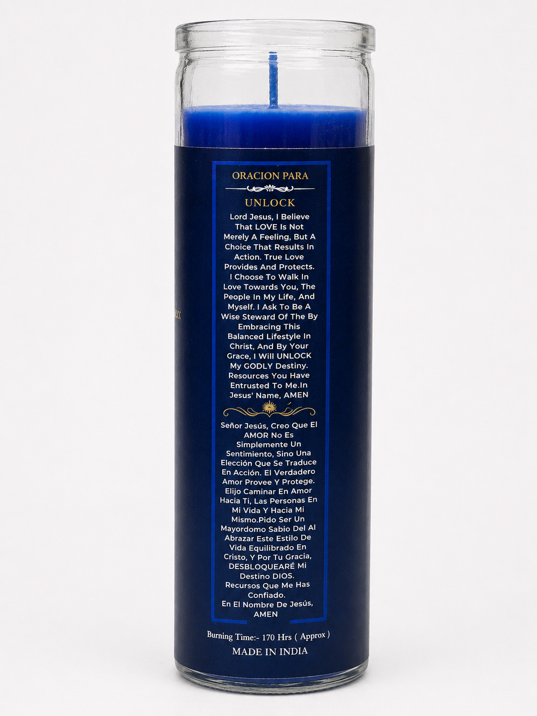 Blue candle with text on a white background