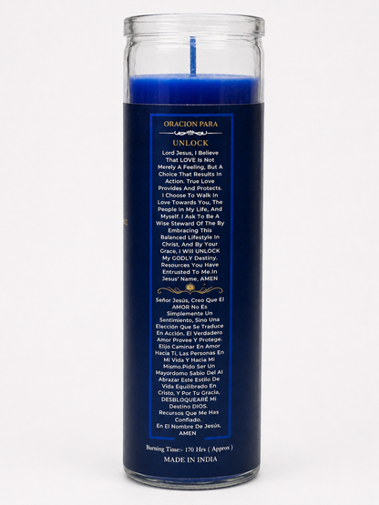 Blue candle with text on a white background